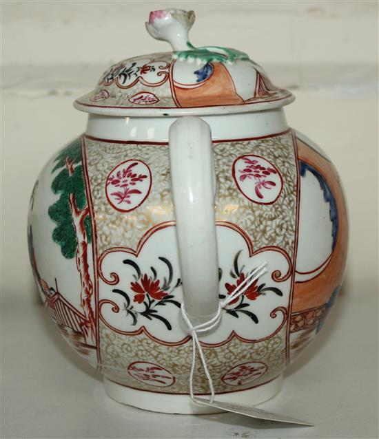 A large Worcester polychrome globular teapot and cover, c.1770, height 6.5in.